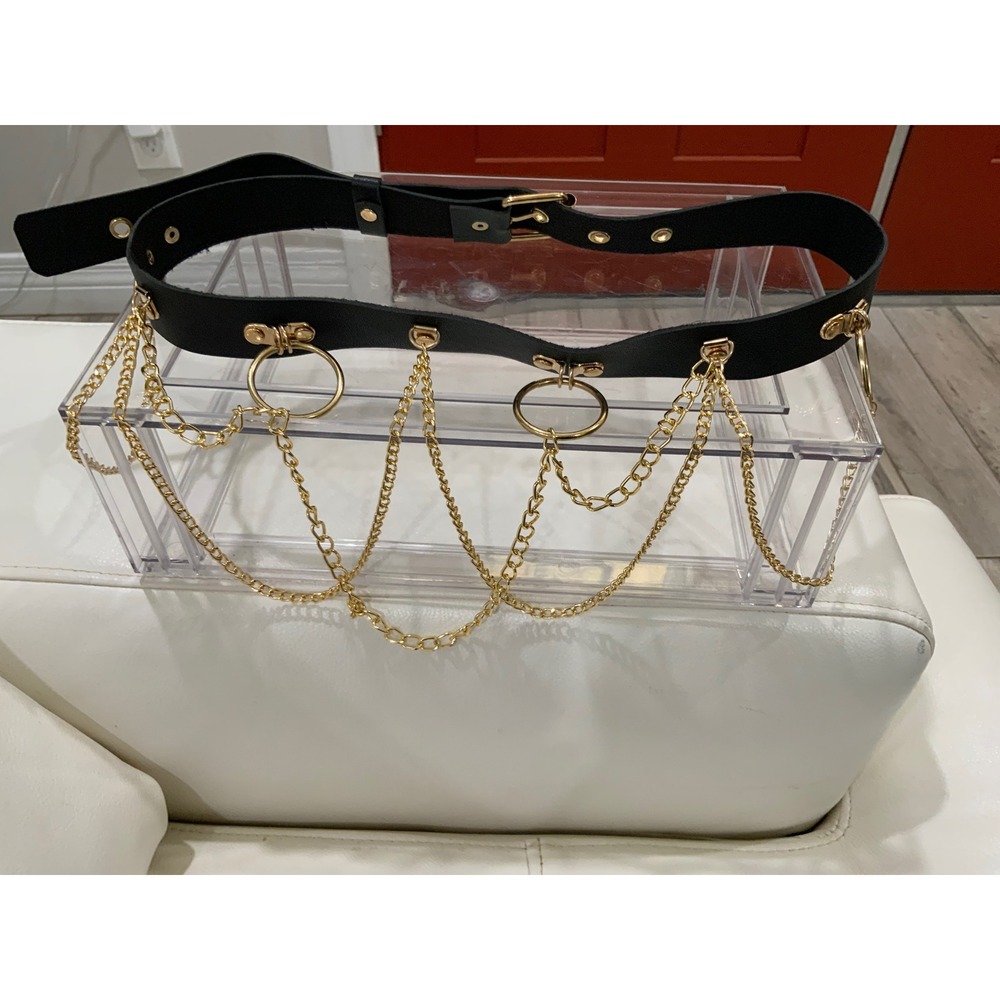 Black Faux Leather Grommet Belt with Gold Draping Chains and O-Rings Punk Goth